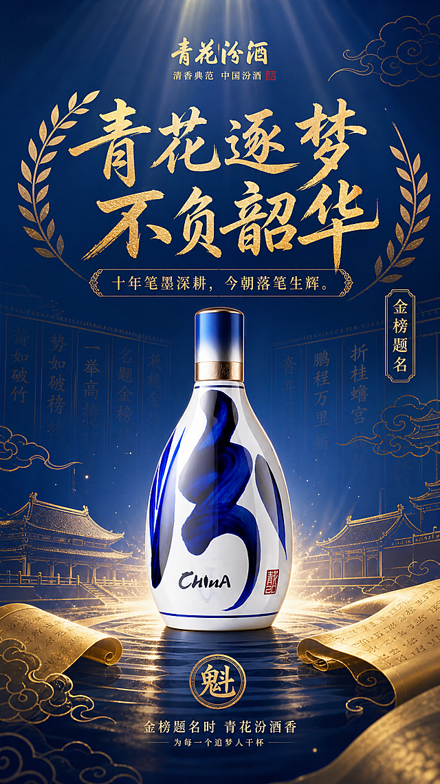 设计一张青花汾酒高考营销海报，主标题：青花逐梦 不负韶华，副标语：十年笔墨深耕，今朝落笔生辉。在青花蓝基础上增加少量鎏金层次，加入极简金榜、宫墙、桂冠线条元素，氛围感热烈，适合考前造势、门店氛围布置，包含青花汾酒产品，8k超清，营销属性强