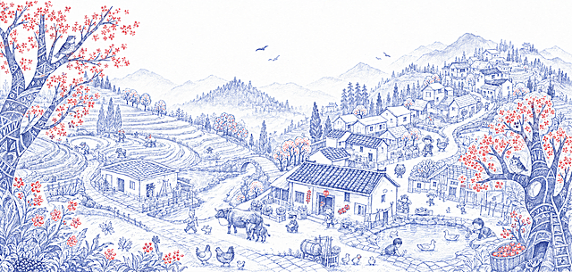 参考这张图片的风格，重新生成一幅类似的蓝色圆珠笔画风格乡村全景村落画面，保留蓝色手绘质感、红色点缀花卉、山间村落布局和卡通小人物动物元素的风格特点