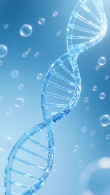 一张具有未来科技感的3D渲染图像，主体是一个巨大的、透明的蓝色DNA双螺旋结构，其链节呈现出半透明的玻璃质感，并带有微妙的高光和反光效果。双螺旋从图像的左下角延伸至右上角，占据画面的主要视觉空间。背景是渐变的浅蓝色到深蓝色的柔和过渡，充满了大小不一、半透明的圆形气泡和光斑，营造出梦幻而神秘的氛围。光线从上方照射下来，在DNA结构上形成明亮的高光和柔和的阴影，增强了整体的立体感和空间感。整体风格……预览效果