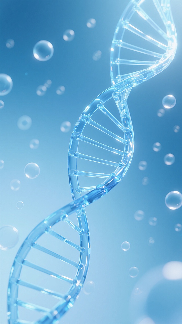 一张具有未来科技感的3D渲染图像，主体是一个巨大的、透明的蓝色DNA双螺旋结构，其链节呈现出半透明的玻璃质感，并带有微妙的高光和反光效果。双螺旋从图像的左下角延伸至右上角，占据画面的主要视觉空间。背景是渐变的浅蓝色到深蓝色的柔和过渡，充满了大小不一、半透明的圆形气泡和光斑，营造出梦幻而神秘的氛围。光线从上方照射下来，在DNA结构上形成明亮的高光和柔和的阴影，增强了整体的立体感和空间感。整体风格清新、科技、纯净，给人一种探索生命奥秘的宁静与敬畏感。