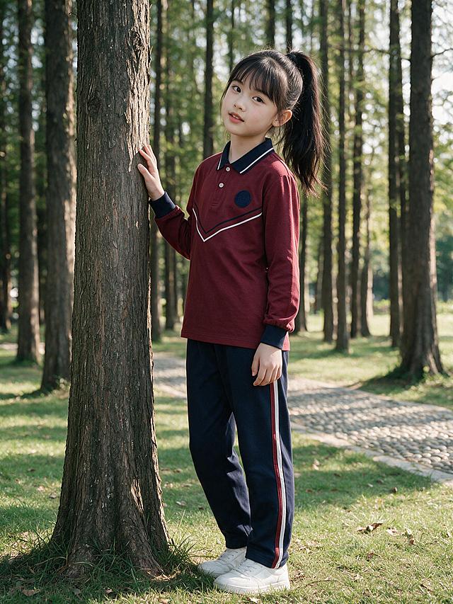 林间公园小女孩全身照（全身完整入镜）。保持图1女模特（11岁，身高152厘米，乌黑高马尾带刘海，清秀）的相貌与身形不变。上衣严格按图2更换：酒红色长袖polo上衣，梃子色翻领带白细边，梃子色门襟配白扣，梃子色罗纹袖口，胸前一道倒V形白色与梃子色双线条，左胸梃子色刺绣徽章，尺码合体得体、衣摆自然下垂。裤子不变：深藏青运动长裤，裤腿外侧白色与酒红色条纹；白色小白鞋（带微脏穿着痕迹）。姿态：女模特靠在大树树干上侧身站立，身体轻靠树干，一只手轻轻搭在树干上，另一只手自然垂落，头微微侧倾看向镜头，表情纯真柔和。背景：林间公园，笔直的水杉林树干向纵深排列，绿色草地，地面少量枯叶，清新明亮的自然色调，画面干净通透，真实摄影质感，高清细节丰富，自然色彩