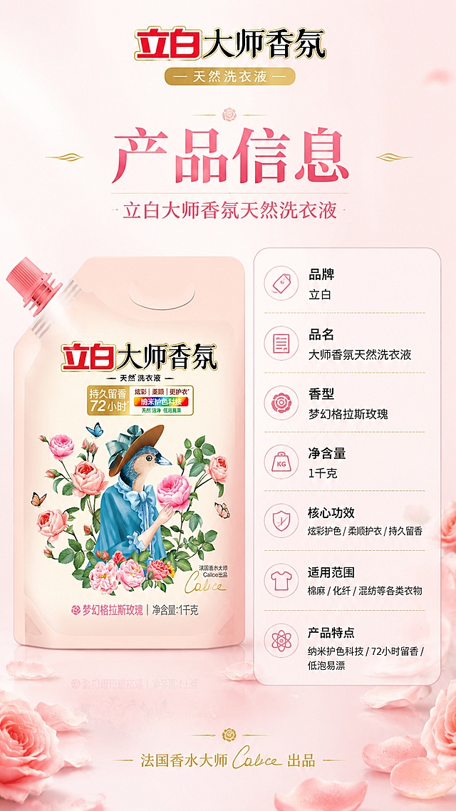[第8屏] 详情页产品信息规格-立白大师香氛天然洗衣液参数说明。本屏使用【图1】作为商品主体。
[氛围/风格] 简约专业风，浅粉金配色，信息清晰规整，品牌感强。
[元素布局] 产品位于左侧，占比约40%，正面展示；右侧为产品信息参数表，竖排排列；背景为浅粉色渐变，底部有淡淡的玫瑰花瓣装饰；顶部有品牌标识区域。
[光影质感] 均匀柔和的正面光，产品清晰立体，参数表区域干净整洁，整体专业可信。
[配色色系] 全局底色 #FFF5F7 浅粉；主色玫瑰粉 #E89AAB；辅助色深灰文字、金色分割线、白色卡片。
[视角构图] 左物右表布局，正面平视，阅读动线顶部标题 → 左侧产品 → 右侧参数表。
[文字版式] 顶部主标题「产品信息」，副标题「立白大师香氛天然洗衣液」，居中；右侧参数表分行清晰展示：「品牌」立白、「品名」大师香氛天然洗衣液、「香型」梦幻格拉斯玫瑰、「净含量」1千克、「核心功效」炫彩护色/柔顺护衣/持久留香、「适用范围」棉麻/化纤/混纺等各类衣物、「产品特点」纳米护色科技/72小时留香/低泡易漂；参数表用浅粉色卡片背景，金色分割线，文字清晰易读；底部小字「法国香水大师Calice出品」。
[比例分辨率] 9:16竖版比例，4K分辨率，文字清晰可辨，高清画质。
[负向提示词] 产品变形，参数文字模糊，水印，文字错乱，颜色偏差，背景杂乱。