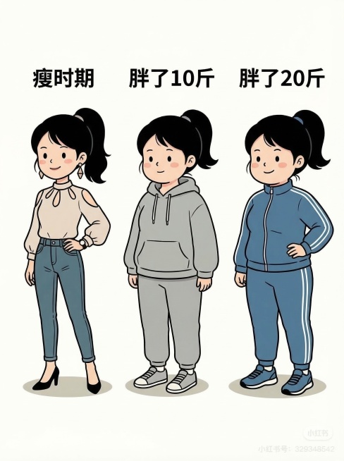 同一人物三个不同时期的对比图：1）瘦时期：年轻女性，身材苗条，穿着时尚潮流的服装（如修身牛仔裤、设计感上衣、时尚配饰），面带自信微笑；2）胖了10斤时期：同一人物，体型略丰满，穿着休闲舒适的服装（如宽预览效果