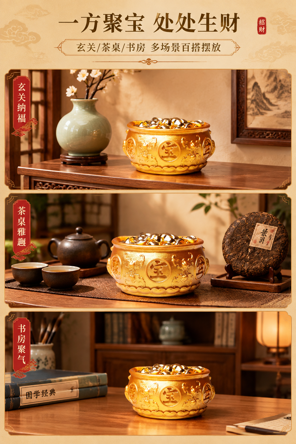 [商品] 使用【图1】金色聚宝盆招财摆件；保留盆身浮雕文字、蝙… - 图片创意预览