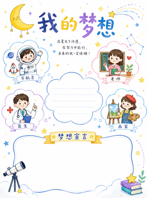 六年级成长纪念册内页：我的梦想，白底手绘马克笔风格，包含未来职业畅想简笔画、梦想宣言文字框、星空元素点缀，简约治愈设计预览效果