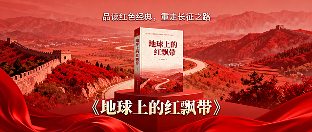 微信公众号首图，红色主题书籍分享，主体是《地球上的红飘带》书籍封面，背景是长征路风景，红色色调，庄严大气，上方配文字“品读红色经典，重走长征之路”，下方配文字“《地球上的红飘带》”，整体风格红色文化宣传，适合公众号封面展示