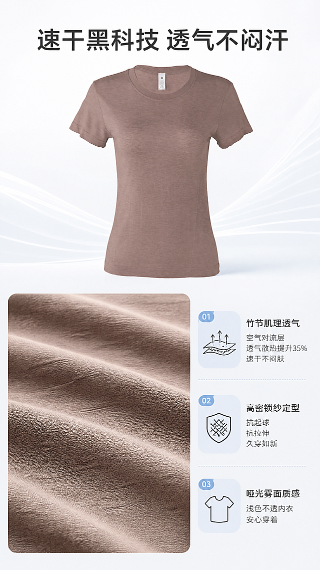 使用商品详情页技能根据商品图「图片1」「图片1」「图片1」「图片1」「图片1」生成详情页，参考图为，商品名称为侧腰抽褶修身圆领运动短袖女，卖点为核心卖点 & 对应穿搭痛点 卖点：侧边肌理抽褶收腰剪裁 痛点：直筒宽松 T 恤无腰线显臃肿，小腹赘肉全部暴露，微胖上身显壮没身材曲线；抽褶向内收紧腰腹，自然藏肉打造小蛮腰。 卖点：高弹裸感速干竹节肌理面料 痛点：纯棉 T 恤运动出汗贴身闷背、湿衣厚重难干透，普通化纤面料粗糙磨皮肤；中空竹节纱快速导湿排汗，软糯亲肤不粘身。 卖点：合身落肩短袖，藏拜拜肉不勒腋下 痛点：紧身袖箍住手臂显麒麟臂，宽松落肩垮塌显邋遢；微宽松落肩袖，遮住上臂赘肉，抬手运动无束缚紧绷感。 卖点：短款齐腰衣长，适配高腰下装不上滑 痛点：长款 T 恤堆在腰头压个子，深蹲、抬手衣摆往上窜露肚子；黄金短款衣长贴合瑜伽裤腰头，全程稳固不位移。 卖点：加固双层圆领 + 四色百搭抗变形锁边 痛点：低价运动 T 恤洗两次领口松垮变大、卷边；领口双层车线锁型，多次水洗不塌领，白 / 灰 / 咖 / 黑低饱和色系不挑下装。 3. 适用人群分层 ①核心主力（成交 60%+）：25-35 岁精致妈妈、新锐白领，兼顾健身塑形与日常通勤穿搭需求； ②运动爱好者细分：瑜伽、普拉提、户外慢跑、跳绳跳操、健身房力量训练、网球羽毛球轻运动人群； ③身材适配：苹果型（小腹有肉）、梨形身材、小个子 150-165cm、手臂有拜拜肉、想要修身显瘦不紧绷的女生； ④次要人群：18-24 岁学生党（校园运动、日常穿搭）、36-45 岁轻熟女性（居家拉伸、短途出行）。 4. 期望四大场景 + 搭配方案 ①专业运动场景 搭配高腰七分瑜伽裤 / 三分骑行短裤，外搭连帽防晒外套；瑜伽课前热身、跑步跳操、撸铁训练整套专业运动穿搭。 ②职场通勤场景 单穿搭配直筒西装裤 / 烟管牛仔裤，外层叠穿薄款小西装、冰丝开衫；简约松弛轻熟职场风，舒适代替正装衬衫。 ③日常休闲场景 搭配高腰百褶网球裙 / 束脚卫裤，配小白鞋；逛街约会、超市采购、接送孩子遛娃、下午茶出街。 ④四季叠穿内搭场景 春夏直接单穿；秋冬内搭卫衣、针织马甲、防风冲锋衣；空调房内搭打底，四季均可复用。 5. 详情页四大科普知识点（可直接做长图） ①面料工艺科普 面料采用锦纶 + 高弹氨纶竹节中空织造工艺： 竹节凹凸肌理形成空气对流层，透气散热性比平滑面料提升 35%，运动汗液快速导出表层挥发，实现速干不闷肤； 高密锁纱定型，抗起球、抗拉伸变形，反复机洗不会拉长松垮； 哑光雾面质感，浅色款完全不透内衣底色，单穿安全感充足，触感软糯裸肤级亲肤。 ②人体剪裁工学科普 侧边立体抽褶结构：左右预留弹力褶皱余量，饭后腹胀、大幅度弯腰深蹲不会勒挤肠胃，褶皱视觉收缩腰围 3cm； 落肩短袖人体角度：肩线微落不垮肩，手臂抬举 180° 无腋下紧绷摩擦，完美遮盖上臂拜拜肉； 标准圆领黄金高度：领高 1.7cm，不卡脖颈闷汗、不会过低走光，兼顾运动舒适度与日常得体穿搭； 短款齐腰黄金衣长：衣长刚好落在高腰下装腰头上方，纵向拉长腿部比例，小个子轻松穿出三七分身材。 ③三套实景穿搭搭配技巧 健身成套穿搭：本款短袖 + 高腰裸感瑜伽裤 + 同系列防晒连帽外套，全套统一色系专业健身套装； 松弛通勤穿搭：纯色短袖 + 垂感直筒西装裤 + 薄款冰丝小西装，温柔干练无束缚职场造型； 韩系休闲穿搭：短袖 + 百褶网球短裙 + 老爹运动鞋，减龄元气出街，拍照上镜显瘦。 ④洗护保养小贴士 洗涤：必须冷水轻柔机洗，装入洗衣袋保护，禁止 40℃以上热水、漂白剂、强力去污液，高温会破坏竹节速干纤维； 晾晒：阴凉通风处悬挂阴干，严禁太阳长时间暴晒，暴晒会导致氨纶弹力衰减、面料发黄褪色； 收纳保养：面料自带抗皱属性，无需熨烫；避免和牛仔、粗糙外套强力摩擦，减少表面起丝起球；晾干后平整折叠存放，不长期悬挂拉长衣身。，适配平台为淘宝/天猫，图片比例为9:16，需求屏数为8张，