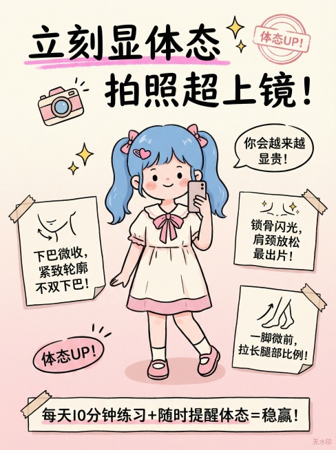 小红书风格竖版信息图，3:4比例，奶油米白＋浅粉渐变温柔清新背景，蓝色双马尾甜美Q版小女生IP，带粉色爱心发夹＋粉色丝带蝴蝶结，矢量插画风格，手绘可爱风格，全手绘卡通无写实元素，右下角无水印。上方是手预览效果