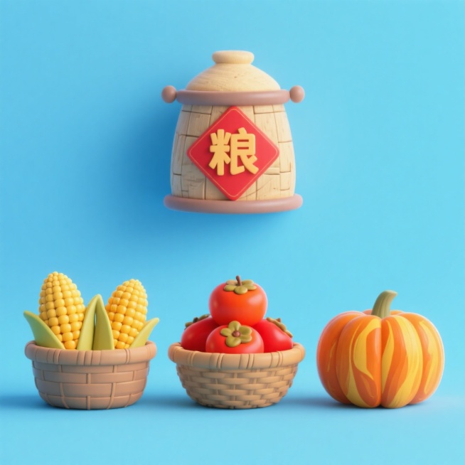 4个中秋素材组合，可爱电商促销感。素材包括：第一个粮仓（贴着带有 “粮” 字的红色菱形福字）；第二个一筐玉米；第三个一筐柿子；第四个南瓜。画面整体呈现鲜艳效果，淡蓝色背景。上下两行，排列整齐预览效果