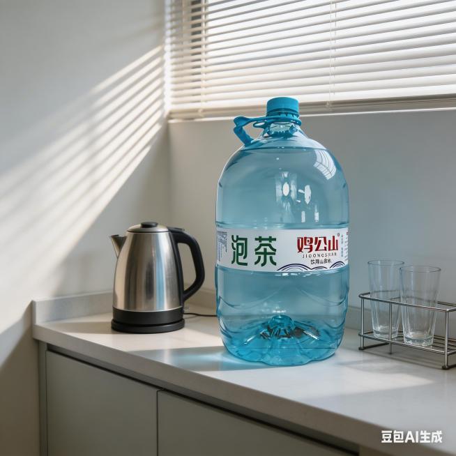 纯净水源办公室场景图，保持原有鸡公山泡茶山泉水桶形状和标签不变，禁止任何文案。大水桶放置在浅色办公室茶水间台面上，旁边放着烧水壶和几个玻璃杯，阳光从百叶窗透进来，光影柔和，打造干净清爽的办公饮水场景，预览效果