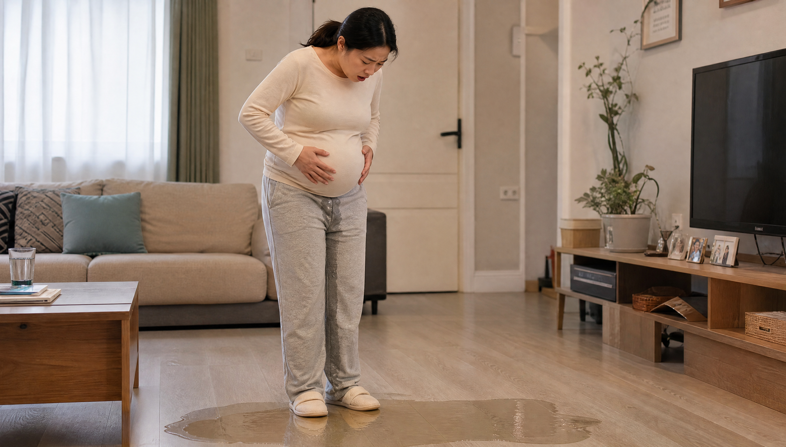 孕妇羊水破了的示意图，生活化居家场景，横版构图。一位怀孕的女性… - 图片创意预览