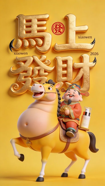 海报设计：一匹歪脖子做鬼脸、极度夸张胖的的黄骠马，马腿细，背上骑着胖财神爷，Q版，唐代审美，旁边有一个护肤品，财神爷后面内容是“馬上發財”艺术繁体字体，笔画极粗非常厚实饱满，笔画大体走势是黑体字（横平预览效果