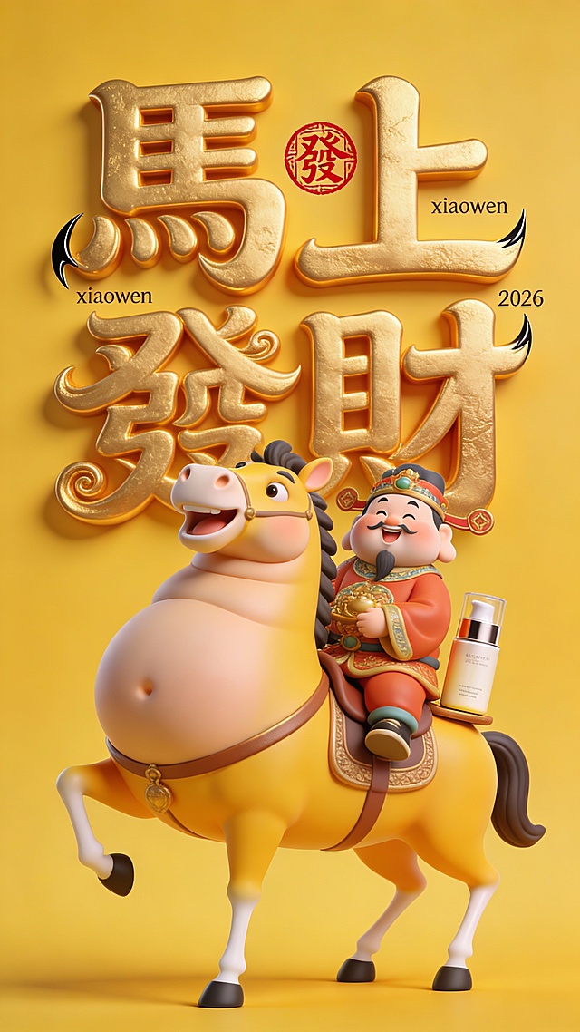 软3D风格，卡通财神骑萌马，鎏金大字“马上发财”浮雕质感，喜庆黄底，2026年节日祝福，充满体积感与童趣。
