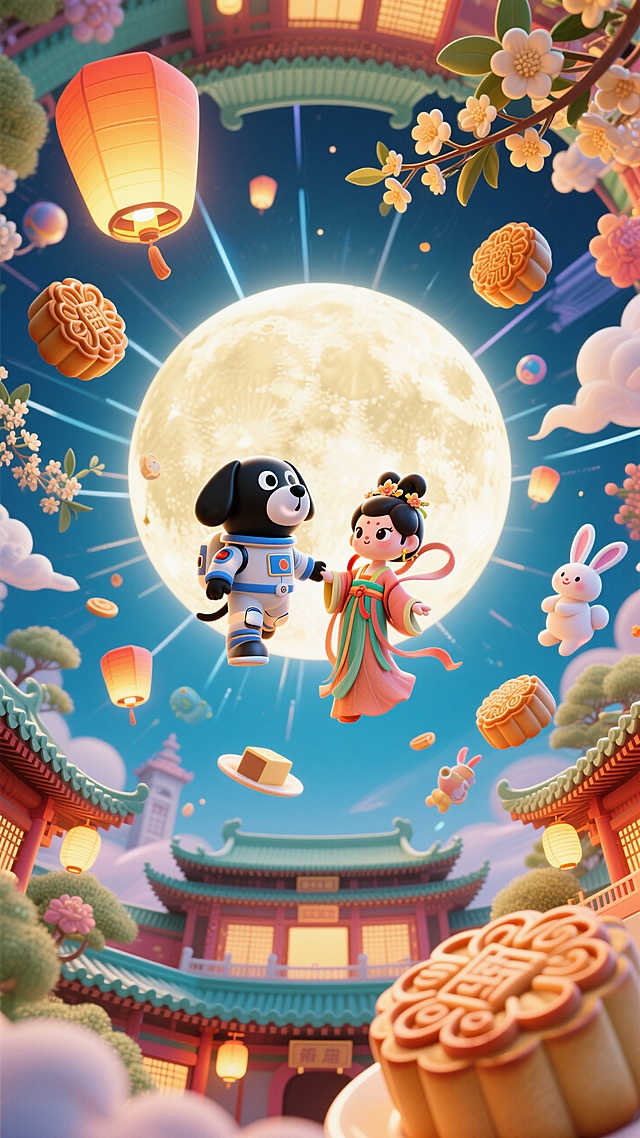 圆形鱼眼构图元素呈放射状分布。以巨大明亮的圆月为中心，所有元素漂浮在空中，中间穿着太空服黑色大头狗（漂浮感）和Q版嫦娥牵着手，四周环绕漂浮桂花，月饼，孔明灯，兔子等元素随机混乱排列，画面边缘环绕建筑，底部有月饼特写，画面丰富鲜亮色彩，营造热闹活泼氛围