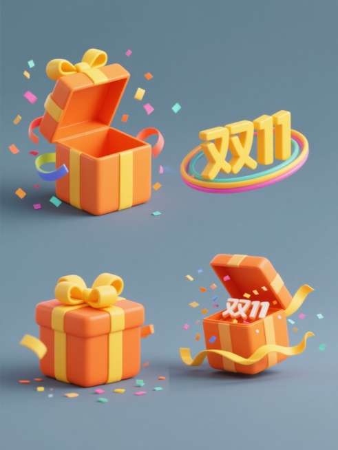 一套4个规整排布的电商营销素材，整体采用简约现代风格，纯色背景。第1个为原素材：一个橙色方形礼盒，盒盖向上打开，顶部系着黄色蝴蝶结，周围有彩色飘带和纸屑散开，呈现欢快氛围。第2个变体：橙色礼盒，盒盖微开，黄色蝴蝶结旁点缀“双11”黄色立体字样，彩色飘带呈螺旋状环绕。第3个变体：橙色礼盒完全闭合，黄色蝴蝶结中央嵌入“双11”白色字样，底部有少量彩色纸屑散落。第4个变体：橙色礼盒倾斜放置，盒盖半开……预览效果