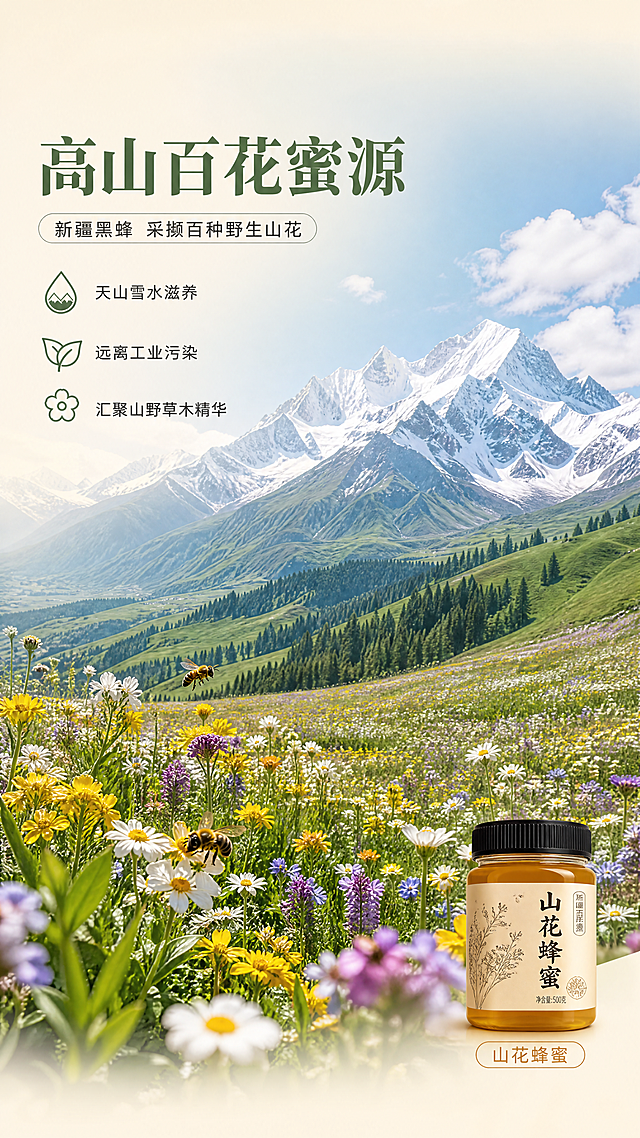 [第2张] 成分/产地专张-天山高山百花蜜源。本张为产地叙事型专页，不使用产品罐作为主视觉，以大尺度产地场景为主，产品仅作小尺寸辅助露出。
[氛围/风格] 壮阔自然产地风，新疆天山高原花海实景感，清新通透，商业风光摄影质感。
[元素布局] 画面上 2/3 为天山高山花海大场景：远处雪山雪峰，中景层叠草原与漫山遍野的野生山花（黄、白、紫多色），近处花田特写，蜜蜂在花间飞舞；主视觉元素（雪山+花海）占画面 ≥70%；画面右下角小尺寸放置【图1】蜂蜜罐缩略，占比约15%，作为产品关联；左中区域为标题与卖点文字区。
[光影质感] 高原正午明亮自然光，阳光洒在花海上，雪山有冷调高光，花海层次分明，整体通透有空气感。
[配色色系] 全局底色延续 #FFF6E5 暖米白（仅上下边缘渐变）；主色山野绿 #6B8E5A + 雪山白；辅助色琥珀金 #D98B2B、花田黄紫点缀。
[视角构图] 大场景远景俯视 + 近景花海，阅读动线左上标题 → 中部大场景 → 右下产品小图。
[文字版式] 左上大标题区，主标题「高山百花蜜源」，温润宋体加粗深绿色；副标题「新疆黑蜂 采撷百种野生山花」，圆角细黑体；下方三条卖点短句分行排列，每条前配小图标：「天山雪水滋养」「远离工业污染」「汇聚山野草木精华」，短句 ≤12 字；右下角产品旁标注「山花蜂蜜」小字样。字色沿用深绿 + 深琥珀。
[比例分辨率] 9:16 竖版比例，4K 分辨率，文字清晰可辨，高清画质。
[负向提示词] 水印，文字错乱，文字过小，产品变形，场景虚假，人物乱入，蜜蜂夸张失真。