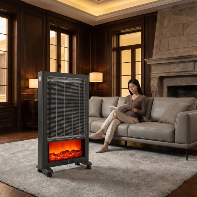 将暖风机放置于深色系客厅中，放在浅灰色沙发前，客厅背景高端大气，客厅灯光温馨温暖，沙发是超长高级的牛皮质感，沙发上坐着一位年轻的中国女人在看书，地毯颜色是浅灰色质感，暖风机占画面60%的面积，画面质感预览效果