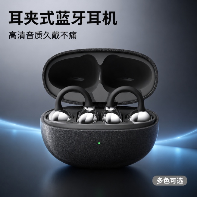 [主图-1] 耳夹式蓝牙耳机产品首图，突出产品核心卖点
[氛围风格] 现代科技简约风格，适配拼多多平台大字直白性价比风格
[画质] 商业摄影质感，光线柔和通透，产品清晰真实，画面干净高级
[元素] 黑预览效果