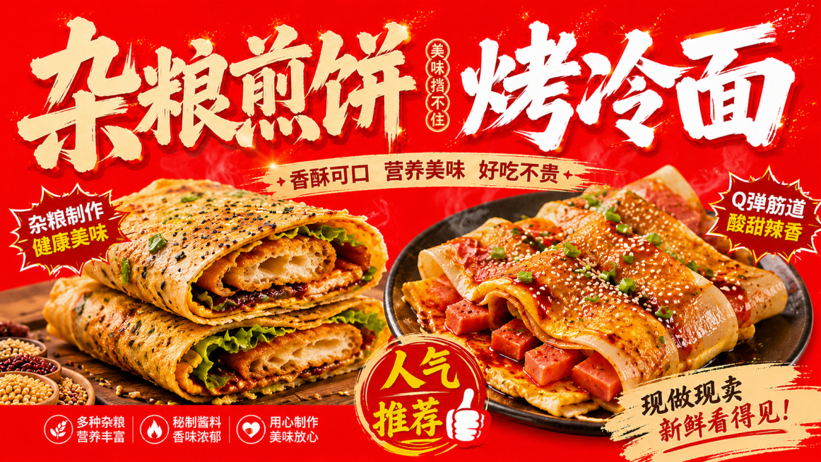 把背景调整为更明亮的大红色，保留海报文字"杂粮煎饼   烤冷面"和美食内容预览效果