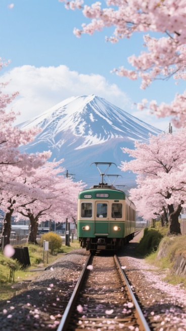 高清日本风景摄影，大师级构图，一列绿色复古电车行驶在被盛开的粉色樱花树环绕的铁轨上，铁轨两侧樱花繁茂，花瓣散落，背景是雄伟的雪山和蓝天白云，阳光明媚，光影层次丰富，色彩鲜艳和谐，樱花的柔美与电车的复古感、雪山的壮丽形成对比，营造出宁静美好的春日氛围，画面清晰细腻，细节丰富，具有极强的视觉冲击力和艺术美感。预览效果