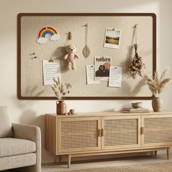 高清写实家居样板间摄影，现代侘寂风混搭中古风客厅角落，暖奶油色哑光墙面，自然暖光漫射，光影松弛柔和，景深适中。核心主体是参考图样式的大尺寸长方形浅米色毛毡板，毛毡纹理清晰；毛毡板上用彩色工字钉固定彩虹预览效果