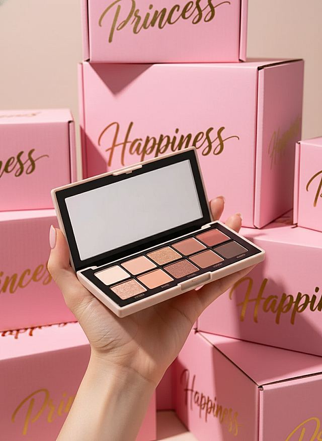 画面中堆叠着一堆粉色的快递盒，上面印着金色的艺术字“PRINCESS”"HAPPINESS"等，一只手从盒子中间伸出来拿着图中主体进行展示，画面活泼，适合商品展示