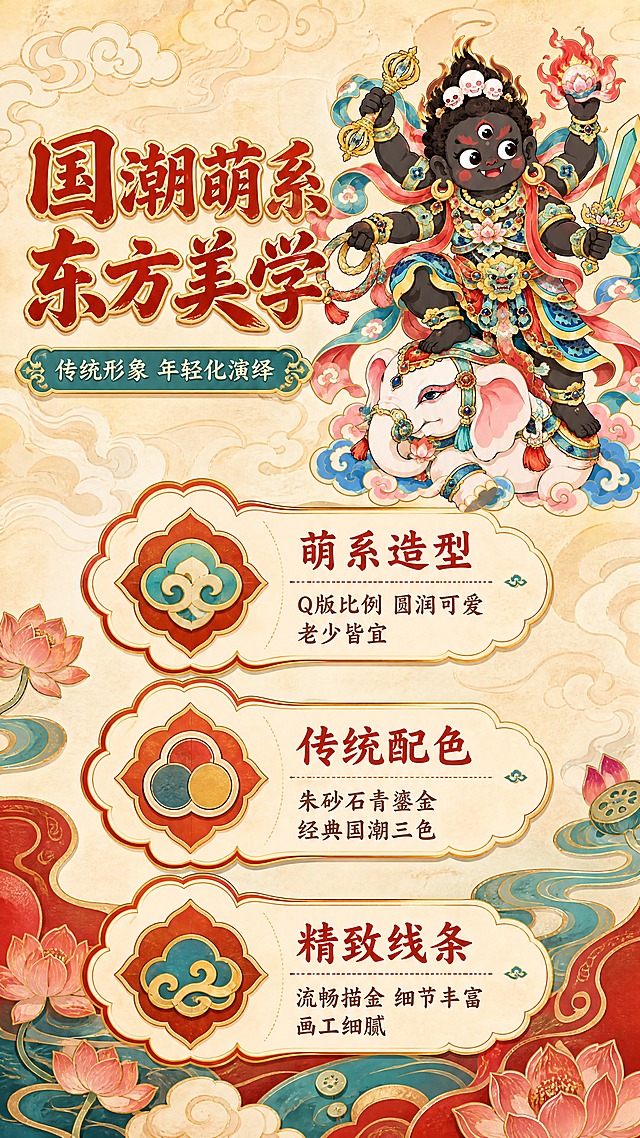 [商品] 使用【图1】Q版黑财神骑白象国潮装饰画；保留完整造型与颜色；商品处理：主体缩小置于画面右上，作为视觉锚点，不改变形象。
[画面] 页面目标：国潮设计理念解读，传递萌系国风审美；构图：左文右图，右侧上方为黑财神主体小图，左侧及下方为三大设计亮点板块，用祥云形图标+文字的形式呈现；背景为传统云纹与莲花图案，营造国潮美学氛围；前景点缀莲花与如意纹，中景文字板块，远景淡云纹底。
[视觉] 套系策略：风格=国潮新中式商业插画海报风；标题字=国潮书法粗体带描金；正文字=圆润宋体；主色=朱砂红+鎏金+石青；背景延展=基于米黄宣纸色做深浅云纹底纹和做旧纸张质感；强调色=松石绿，仅用于小面积图标、引线和装饰元素；标题色=朱砂红；正文色=深赭石色；组件=云纹边框、莲花形信息卡、如意纹分隔线；光影=柔和暖光，整体古朴雅致。
[文字] 顶部主标题「国潮萌系 东方美学」，副标题「传统形象 年轻化演绎」；下方三个板块：「萌系造型」Q版比例 圆润可爱 老少皆宜；「传统配色」朱砂石青鎏金 经典国潮三色；「精致线条」流畅描金 细节丰富 画工细腻；每个板块配祥云图标与2行说明文字；所有文字横排，字号保证手机端清晰可读。
[规格] 图片比例9:16竖版，4K分辨率，负向提示：避免文字过小、排版杂乱、颜色灰暗、现代元素、宗教相关表述。