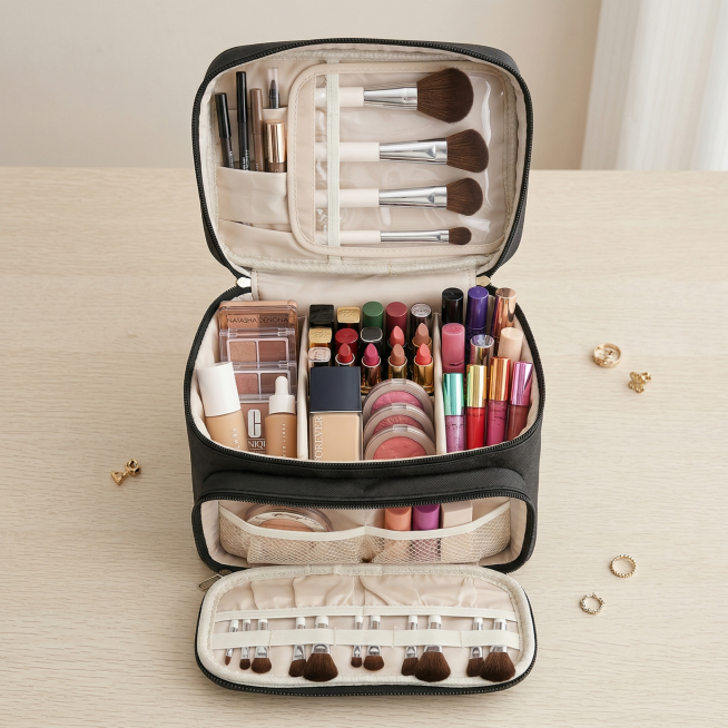 保持图中黑色多层化妆包的结构、样式、尺寸完全不变，将化妆包内部各个隔层放满各类美妆物品，包括口红、眼影盘、粉底液、腮红、睫毛膏、粉饼、唇釉等，物品摆放整齐自然，整体光线明亮柔和，背景为干净的浅米色桌面预览效果