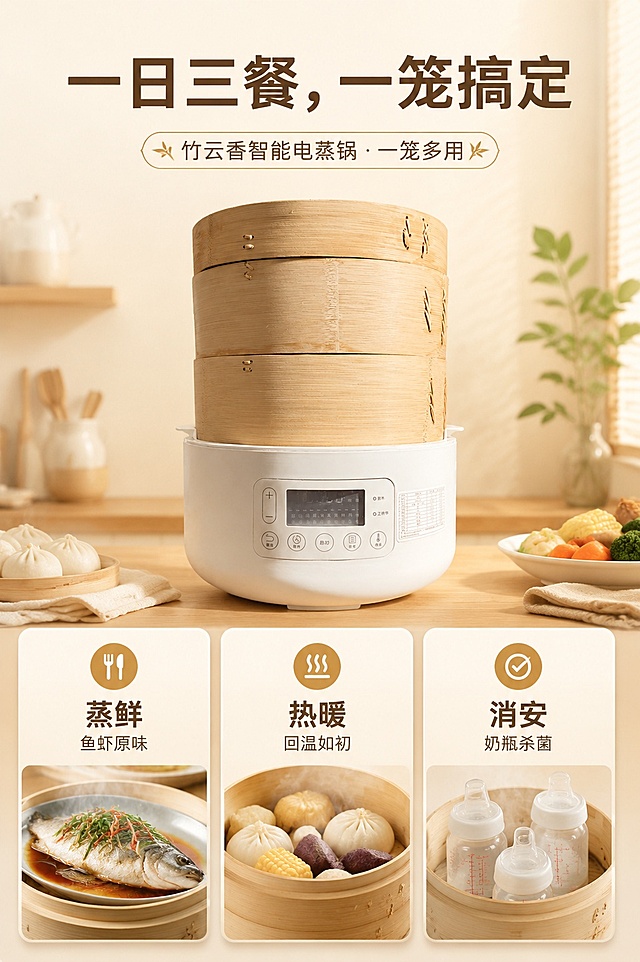 [第5屏] 详情页多功能展示屏，介绍竹云香智能电蒸锅一笼多用功能。本屏使用【图1】作为产品主体。
[氛围/风格] 生活化温馨风，展示多种使用场景，清晰直观
[元素布局] 产品主体放置在顶部，占比约45%；下半部分三格平铺，分别展示蒸鲜、热暖、消安三个功能，每格配简单图标和说明文字；保持产品外观结构与原图一致。
[光影质感] 自然柔和光影，整体温暖明亮，贴近厨房家居氛围
[配色色系] 全局底色 #FDF8F0（米白），主色调暖竹色#C68E4E、深竹棕#5A3E2B，每格使用浅竹色底框
[视角构图] 从上到下构图，产品展示在上，功能分区在下，清晰直观
[文字版式] 顶部深竹棕大标题「一日三餐，一笼搞定」，下半部分三格：左「蒸鲜」鱼虾原味，搭配🍴图标；中「热暖」回温如初，搭配♨️图标；右「消安」奶瓶杀菌，搭配✅图标，每个格子文字居中清晰
[比例分辨率] 9:16 竖版比例，宽度390px，高度自适应，4K分辨率，文字清晰可辨，高清画质
[负向提示词] 产品变形，缺件错件，颜色偏差，水印，文字错乱，文字过小，产品图模糊，背景杂乱