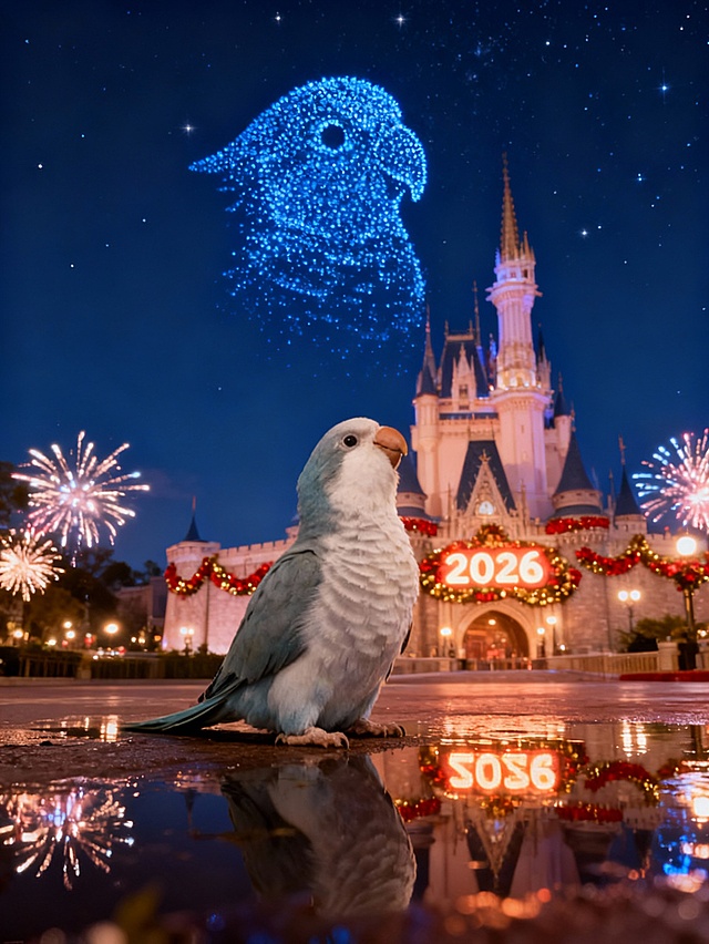 前景：参考图上的动物，蹲坐的姿势，毛发蓬松柔软，仰头望向天空，姿态优雅；
中景：2026跨年夜城堡场景，夜晚深蓝色天幕下，城堡外墙装饰红金新年花环有“2026”发光牌，城堡前的地面有积水（清晰倒映城堡灯光与烟花），整体基调为暖色；由蓝色粒子组成的参照图中的动物头部，占据上空中间四分之三的位置，造型生动梦幻；
背景：深邃夜空，点缀以星星点点的星光；