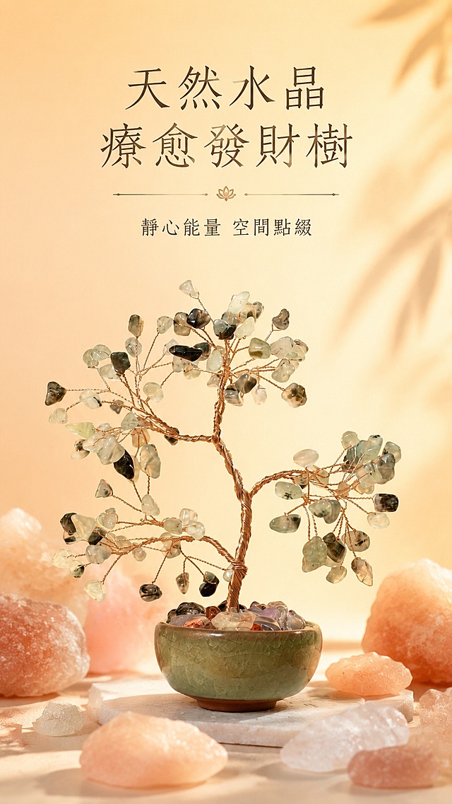 [第1屏] 详情页头图-水晶发财树氛围宣传图。本屏使用【图1】作为商品主体。
[氛围/风格] 温暖自然禅意风，暖调光影，传递疗愈宁静氛围感，商业摄影质感，画面通透高级。
[元素布局] 水晶发财树放置在画面视觉中心，占比约65%；背景为渐变暖橙色浅底，周围点缀天然粉色盐块烘托天然灵性氛围，保留产品原有的树形结构、水晶颜色和底座样式完全一致。上方预留标题文字区域，不遮挡产品主体。
[光影质感] 柔和顶光搭配侧方补光，突出水晶通透光泽，底部自然投影，层次分明清晰。
[配色色系] 全局底色 #FFF9F2，主色暖橙渐变，辅助色保留产品原有绿灰水晶色，点缀粉色盐块。
[视角构图] 正面平视视角，产品居中，竖版构图，阅读动线从上至下自然流畅。
[文字版式] 版式为上方标题 + 中间产品 + 底部浅装饰。主标题「天然水晶 療愈發財樹」，副标题「靜心能量 空間點綴」，均使用繁体中文，字体纤细禅意，不遮挡商品主体。
[比例分辨率] 9:16 竖版比例，4K分辨率，文字清晰可辨，高清画质。
[负向提示词] 产品变形，缺件错件，颜色偏差，水印，文字错乱，产品图模糊，文字过小。