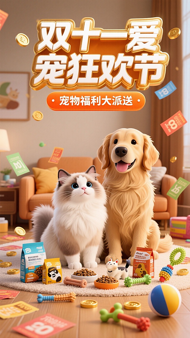 3D卡通风格。顶部（立体鎏金边的白色字标题“双十一爱宠狂欢节”，标题下面的橙色副标题框内写着“宠物福利大派送”）。主体是一只布偶猫和一只大金毛。背景是暖色调的客厅，客厅地上有序放置的狗粮、猫粮，磨牙棒，逗猫棒，玩具球等宠物用品。周围散落优惠券和金币色彩鲜艳，突出大促狂欢氛围