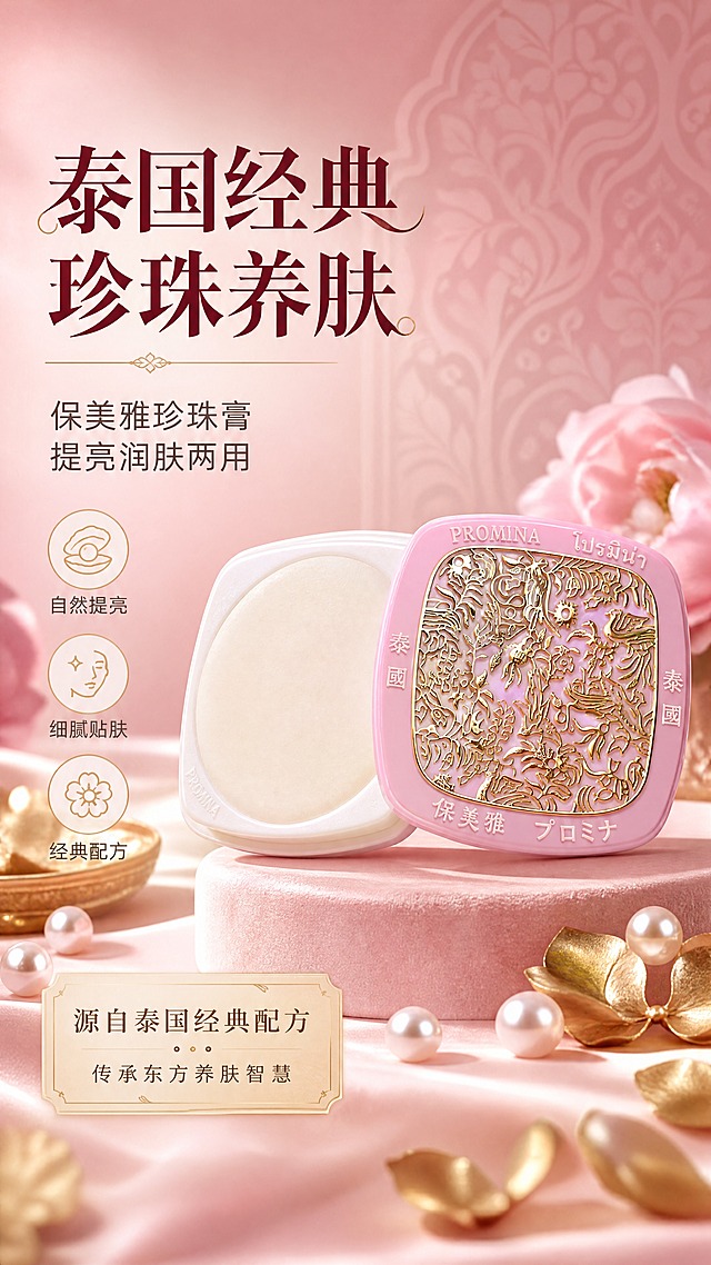 [商品] 使用【图1】PROMINA保美雅珍珠膏；保留方形粉盒结构、粉色雕花盖面、米白色粉膏、PROMINA英文Logo、泰文与中文「保美雅」「泰國」字样、金色花鸟雕花图案；商品处理：清晰化盒面文字与雕花细节，增强粉膏细腻质感，不改变产品外形、颜色和比例。
[画面] 目标：美感头图，突出泰国经典护肤粉膏的复古高级感。构图：产品居中偏右，粉盒开盖展示，粉膏面朝向观众，盒盖斜靠在旁；主体占画面约65%。前中后景：前景散落珍珠与金色花瓣装饰，中景产品主体，背景柔焦粉色渐变+泰式传统花纹暗纹；≥3层道具层次。阅读动线：左上主标题→左下副标题与卖点→右侧产品主体。
[视觉] 套系策略：风格=泰式复古高级美妆商业摄影；标题字=优雅衬线粗体（中文）；正文字=简洁现代无衬线体；主色=柔粉+米白；背景延展=基于柔粉色做深浅渐变、同色系泰式花纹暗纹、丝绒质感层次；强调色=香槟金，仅用于小面积图标、引线、标签和雕花高光；标题色=深酒红；正文色=深棕灰；组件=圆角金边信息卡、细线引线、圆形icon；光影=左前侧暖柔光，右侧轮廓金边光，产品底部柔和投影。
[文字] 左上主标题「泰国经典 珍珠养肤」（8字），副标题「保美雅珍珠膏 提亮润肤两用」，下方3个短卖点：「自然提亮」「细腻贴肤」「经典配方」；文字区不遮挡粉膏主体与雕花盖面。
[规格] 淘宝/天猫详情页单屏9:16竖版，分辨率4K，负向提示：避免变形、错字、文字过小、冷蓝背景、产品颜色改变、结构失真、绝对化用语、医疗功效承诺。