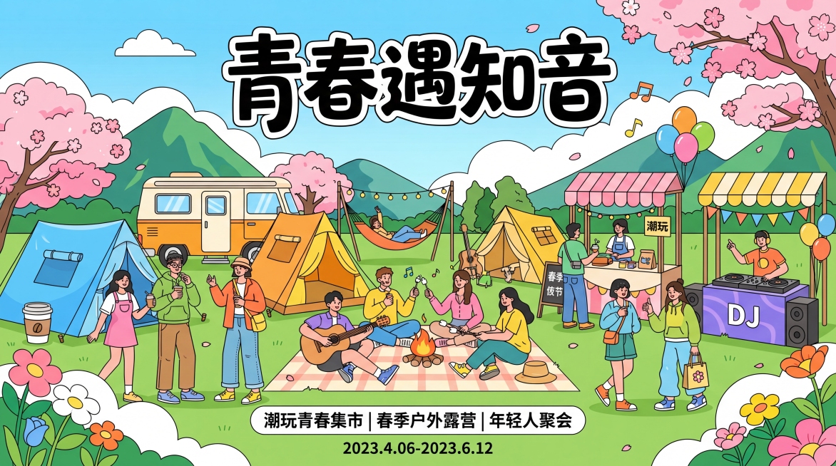 参考参考图的扁平插画风格，潮玩青春集市活动展板，主题文字是"青春遇知音"，春季户外露营青年人聚会活动，色彩明快，年轻人活动场景，潮流扁平插画风格预览效果