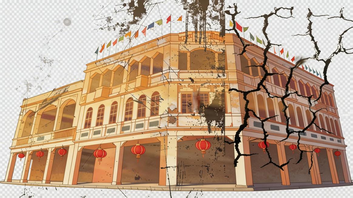 只保留画面中的衰落五脚基骑楼建筑，去除夕阳和其他所有元素，背景设置为全透明，保留骑楼原有位置、大小、斑驳墙面和动画风格预览效果