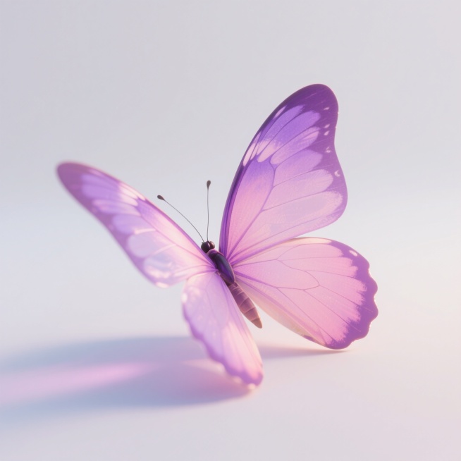 一只停驻姿态的蝴蝶，翅膀呈现梦幻的粉紫色调渐变，从浅粉过渡到深紫，带有半透明的质感和细腻的纹理，翅膀边缘有柔和的光晕效果，整体画面采用极简的白色背景，光线柔和均匀，营造出轻盈、浪漫、梦幻的氛围，3D渲染风格，高光细节精致，阴影柔和，色彩和谐统一，具有插画般的唯美质感。预览效果