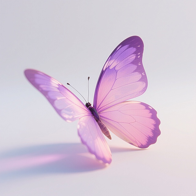 一只停驻姿态的蝴蝶，翅膀呈现梦幻的粉紫色调渐变，从浅粉过渡到深紫，带有半透明的质感和细腻的纹理，翅膀边缘有柔和的光晕效果，整体画面采用极简的白色背景，光线柔和均匀，营造出轻盈、浪漫、梦幻的氛围，3D渲染风格，高光细节精致，阴影柔和，色彩和谐统一，具有插画般的唯美质感。