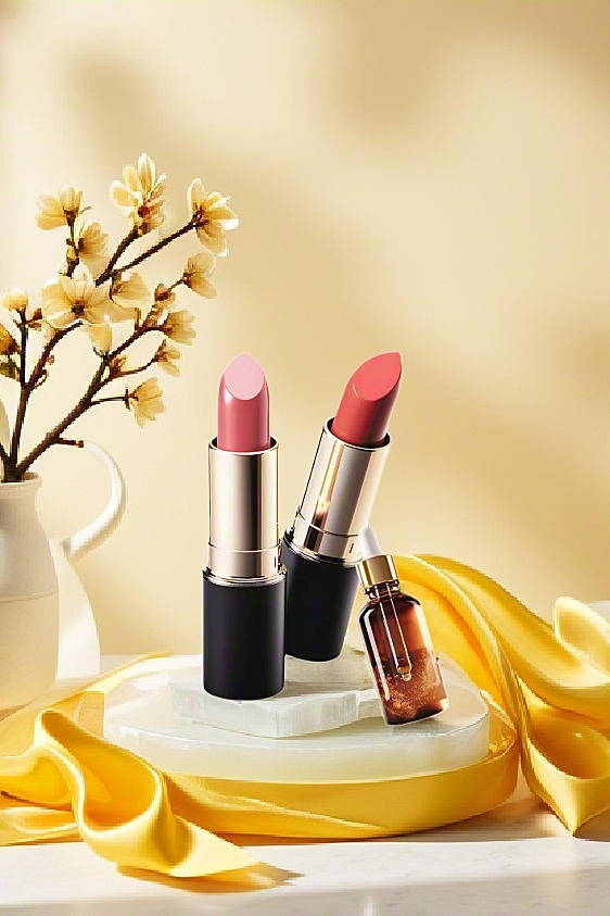 暖黄绸缎、蝴蝶结与柔和光影交融，搭配产品粉调、营造出优雅华贵又温暖的氛围，尽显美妆品精致感。