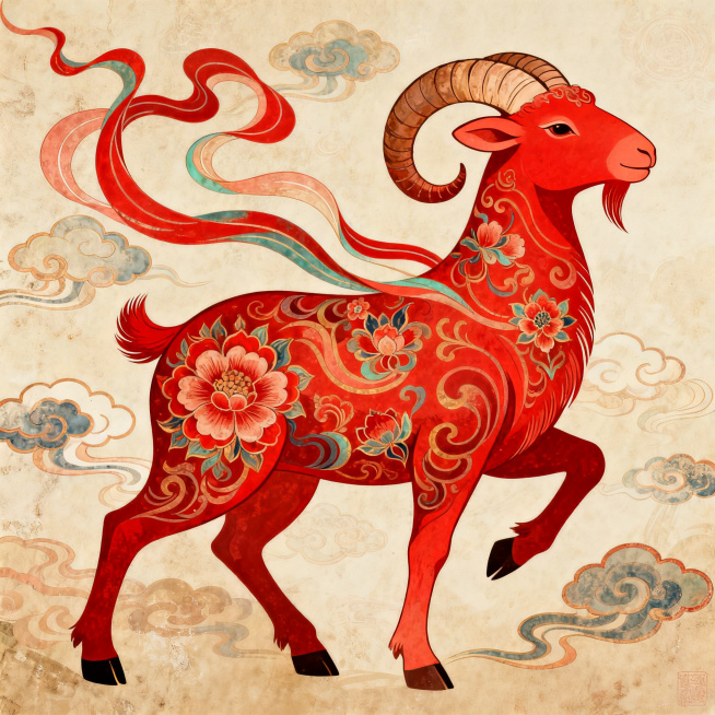 未羊主题插画，融合中国传统风格与敦煌壁画艺术特色，红色主色调，羊的形象融入敦煌飞天元素、祥云纹样、传统花卉图案，线条细腻流畅，色彩饱满浓郁，具有敦煌壁画特有的厚重质感和华丽装饰性预览效果