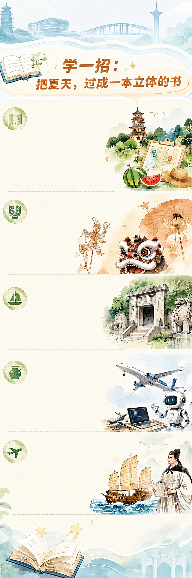 将图中第二块位置（郑和与宝船帆船插画）和最下面第六块位置（非遗舞狮醒狮油纸伞皮影插画）互相对调位置。第二块换成舞狮醒狮油纸伞皮影插画，第六块换成郑和宝船帆船插画。其余所有元素保持不变：主标题、第一块古塔西瓜草帽插画、第三块南唐二陵石狮子插画、第四块金箔古村插画、第五块飞机机器人插画、所有左侧圆形小图标、底部打开的书本装饰、星星装饰、顶部地标剪影、圆角卡片布局、虚线分割线、整体版式和配色全部保持原样。