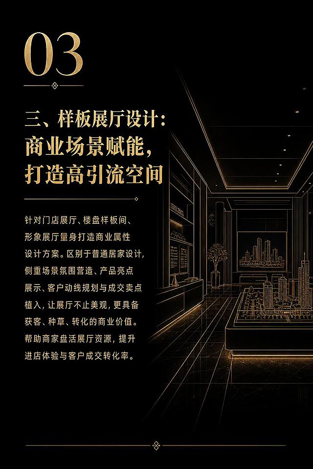 竖版宣传画册内页设计，尺寸宽20cm高30cm，黑色背景，金色字体，第三样板展厅设计页。左上角大号金色数字"03"。标题："三、样板展厅设计：商业场景赋能，打造高引流空间"，金色加粗大字。正文："针对门店展厅、楼盘样板间、形象展厅量身打造商业属性设计方案。区别于普通居家设计，侧重场景氛围营造、产品亮点展示、客户动线规划与成交卖点植入，让展厅不止美观，更具备获客、种草、转化的商业价值。帮助商家盘活展厅资源，提升进店体验与客户成交转化率。" 金色字体，排版优雅。右侧配有现代展厅/样板间空间的暗金色线条插画。大量留白，高端商务质感。