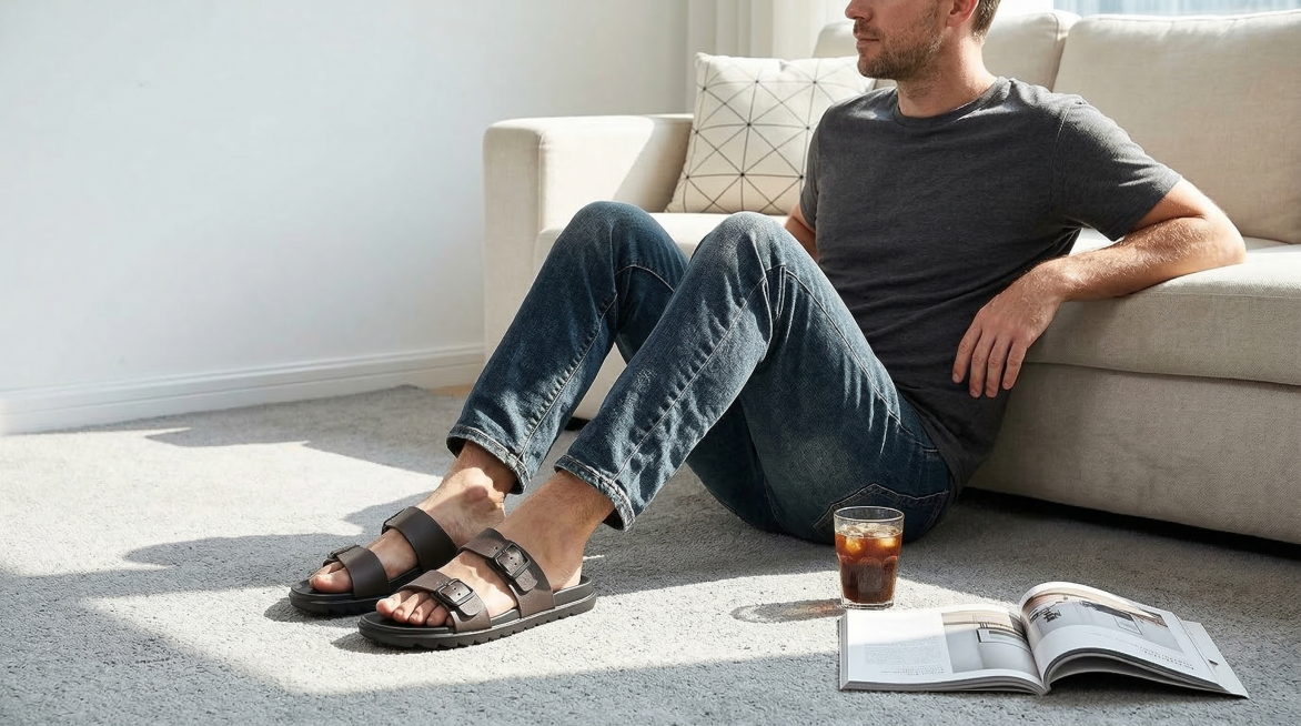 欧美成年男性穿着图中深棕色双带搭扣男士拖鞋，松弛地倚靠在简约客厅沙发边，真实日常穿搭场景。商业跨境摄影风格，硬侧光，高对比度，保留拖鞋主体特征和结构不变，保留真实欧美男士肤质细节，窗边透入自然阳光形成预览效果