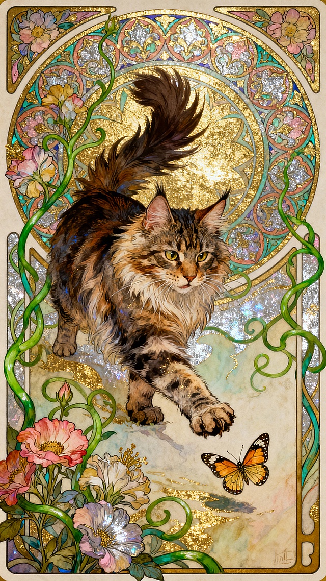 中间是一只缅因猫在扑蝴蝶，毛发根根分明，身体也是毛茸茸的，四周有花朵和藤曼环绕着，背景上有一些拜占庭风格的花纹