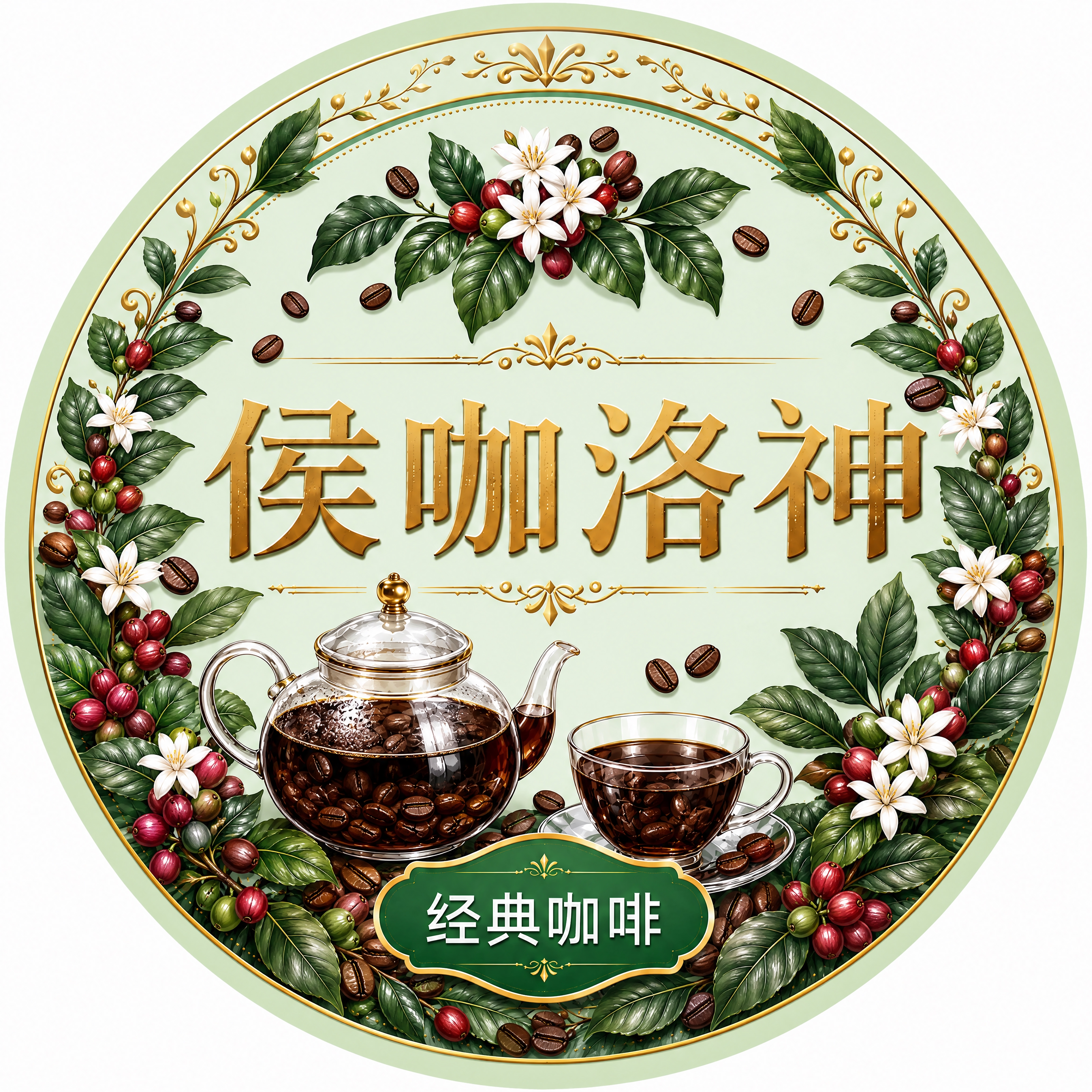 基于参考图彻底重绘，保持浅绿色圆形背景、金色边框花纹、"侯咖洛… - 图片创意预览