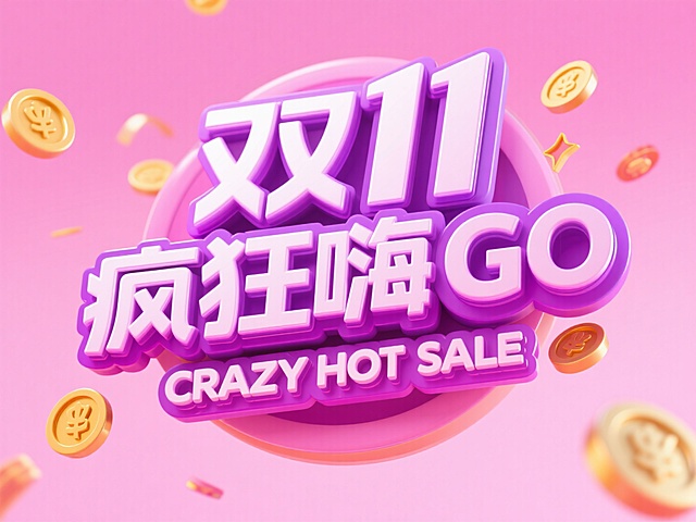 紫色“双11 疯狂嗨GO” 采用立体且带有光泽的字体设计，搭配 “CRAZY HOT SALE” 的文字，还有金币等装饰元素，整体风格活泼热烈，充满电商促销的热闹氛围，背景为粉色渐变