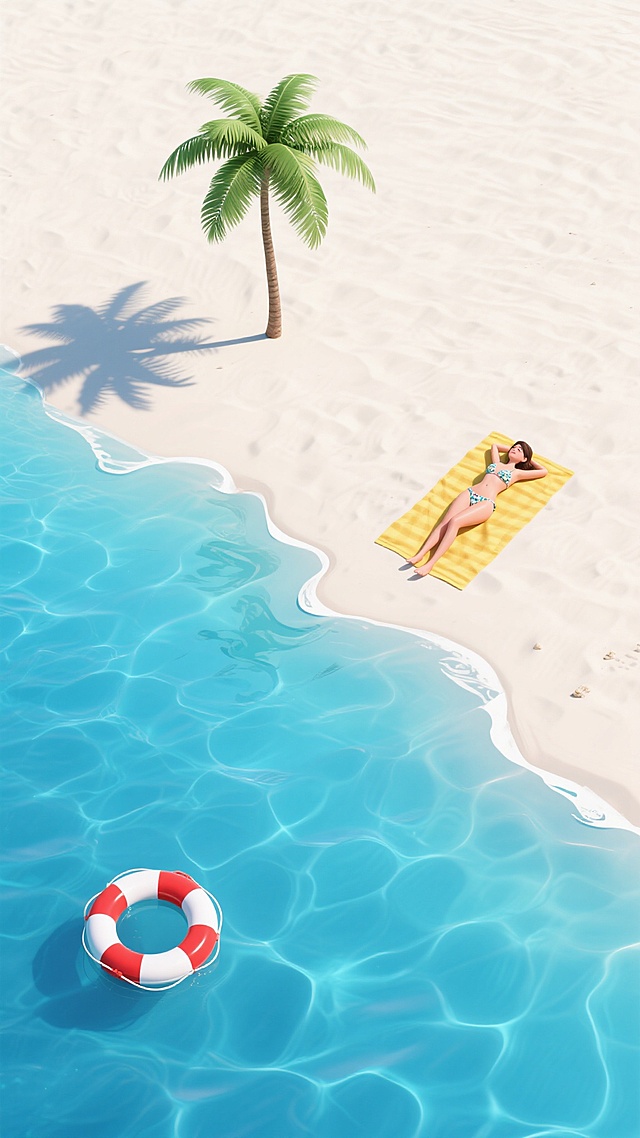 3D渲染风格的夏日海滩场景，顶部大面积细腻的白色沙滩，沙滩上有一棵绿色棕榈树投下长长的阴影，右侧沙滩上有一个穿着比基尼的女性躺在黄色的沙滩巾上，画面下方是清澈的蓝色海水，水面有自然的波纹，左下角有一个红白相间的救生圈漂浮在水中，整体画面明亮、干净，营造出宁静悠闲的夏日氛围，光线柔和，色彩鲜明，构图采用俯瞰视角，空间层次分明。