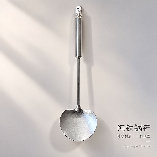 以第一张图的构图、背景、光影、文字布局和整体风格为准，将图中的锅铲产品替换为第二张图里的金属银原色纯钛锅铲，严格还原第二张图产品的形状、颜色、锻面哑光肌理、长手柄与挂孔结构等所有细节，其他保持不变。画面只出现一个纯钛锅铲，不出现第二把产品，不出现包装、人物、手、水印和无关杂物。细质轻奢风、哑光质感风，高级冷淡极简视觉，浅米白与暖灰渐变背景，柔和侧逆光勾勒金属边缘，产品竖向居中悬挂展示，金属银原色锅铲完整清晰，铲面呈现细腻锻面哑光肌理，长手柄与挂孔结构清楚，背景大面积留白，少量高级阴影增强立体感。主标题右对齐，使用无衬线极简细字体，文字为"纯钛锅铲"；副标题右对齐为"健康材质｜一体成型"；底部小标签为"Lightweight Titanium"。信息布局克制，文字只占右下角小区域，产品为绝对第一视觉，高清商业摄影质感，金属层次细腻，整体高端、干净、统一。负面提示词：多个产品，双款展示，出现第二把锅铲，人物，手，包装，纸箱，塑料感，镜面强反光，色彩过艳，花哨装饰，卡通插画，字体粗大，背景杂乱，产品变形，比例失调，文字遮挡产品，水印，噪点，低清晰度。