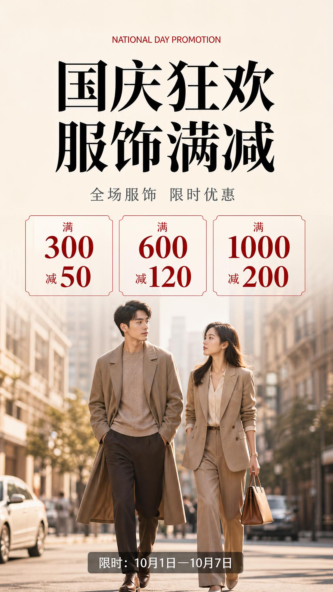 杂志风国庆服饰满减海报，竖版9:16，简约留白。画面背景是一对… - 图片创意预览