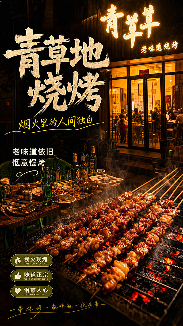 写实商业摄影 市井复古风 青草地老味道烧烤宣传海报，主标题“青草地烧烤”，副标题“烟火里的人间独白”，装饰文案“老味道依旧 愜意慢烤”，卖点标签“炭火现烤”“味道正宗”“治愈人心”。画面融入正在烤制的新鲜肉串、散席后的暖光餐桌、门店夜景元素，整体营造浓郁暖调人间烟火氛围感，画面构图层次分明，分区清晰，排版精美，暖黄灯光，夜晚场景，食欲感满满，所有文字清晰可读不遮挡主体，保留产品真实质感，符合餐饮海报设计规范。