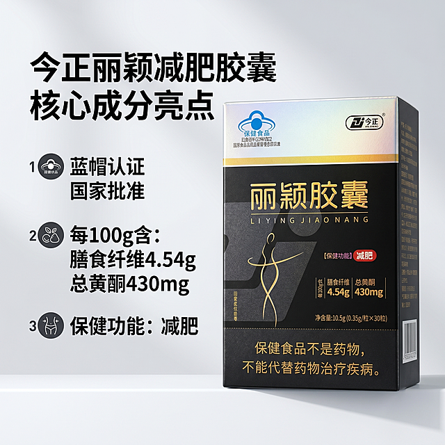 [主图 2] 今正丽颖减肥胶囊核心成分亮点展示主图。氛围风格：专业可信，清晰通透，符合直播带货审美。画质：商业摄影质感，光线柔和通透，产品清晰真实，画面干净高级。保持产品包装盒外观（即物理结构、材质质感、颜色）与输入产品图绝对一致，杜绝任何变形和色差，精细化处理。产品包装盒放置在画面偏右侧，左侧留出文案区域。背景简洁干净，浅色调不抢主体。商品主体占比约65%，画面满屏无边框。光影：正面柔光打亮，突出产品包装盒文字信息，整体亮度均匀适中。配色：主色调黑金+浅灰背景，对比清晰。视角构图：平视角度，产品居中偏右，主体突出。文字版式：左侧分点展示核心亮点，用图标+文字形式：1️⃣ 蓝帽认证 国家批准；2️⃣ 每100g含：膳食纤维4.54g 总黄酮430mg；3️⃣ 保健功能：减肥。主标题大号粗体，亮点文字大小对比清晰，深底浅字对比强烈，全部不遮挡产品主体。右下角小字提示："保健食品不是药物 不能代替药物治疗疾病"。比例分辨率：1:1 比例，2k 分辨率，文字清晰锐利，画面超高清。负向提示词：变形，水印，文字错乱，产品图模糊，背景杂乱，文字遮挡产品